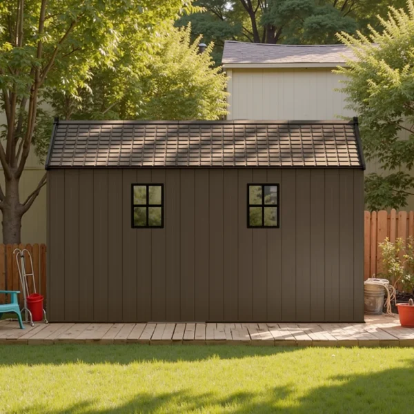 8x12_kick-it_plastic_shed_brown_scene Kick-it 8x12 Plastic Storage Shed with Floor, Brown