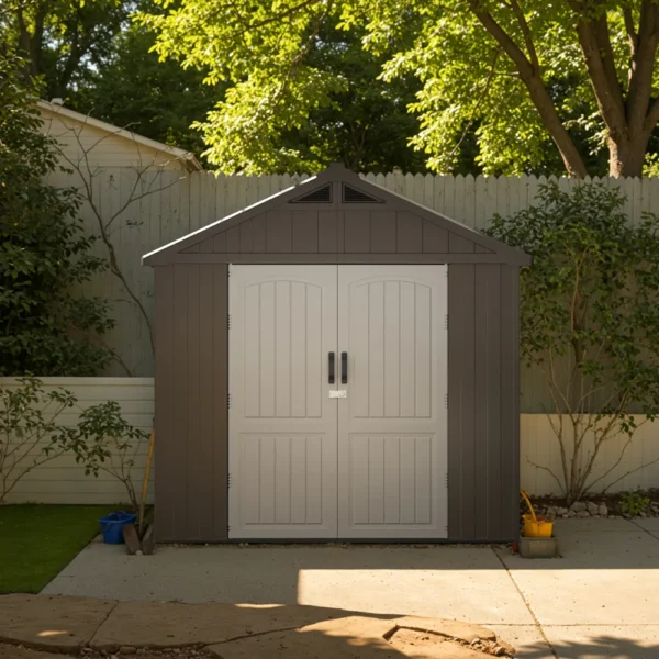 8x12_kick-it_plastic_shed_brown_scene2 Kick-it 8x12 Plastic Storage Shed with Floor, Brown